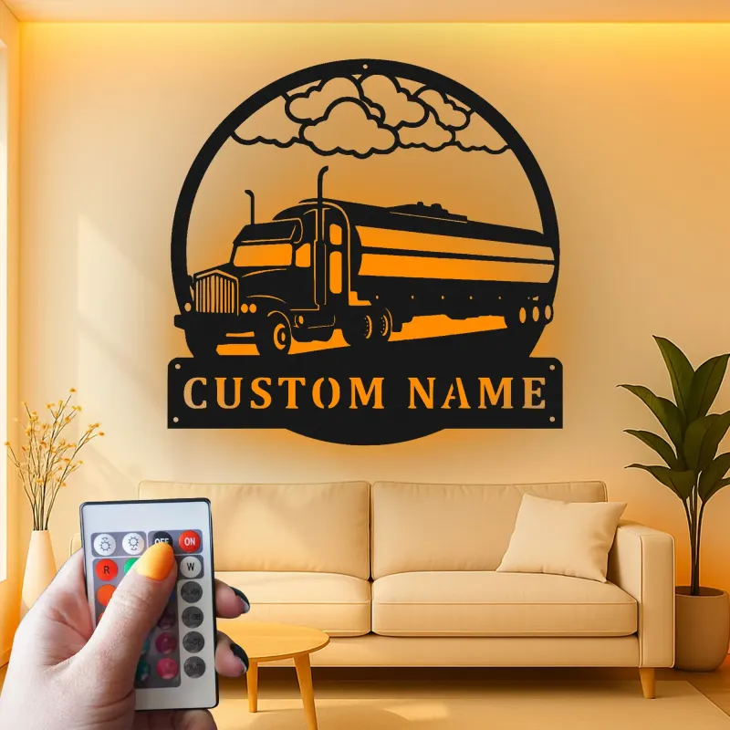 Personalized Trucker LED Sign | Custom Semi Truck Metal Wall Art | Big Rig Silhouette for Man Cave | Gift for Driver