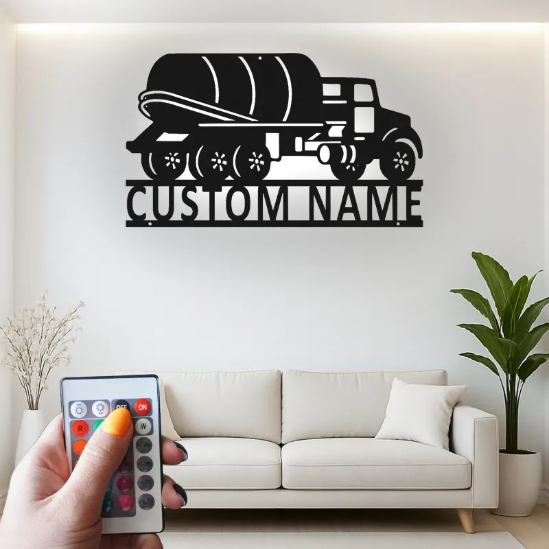 Custom Cement Mixer Truck Led Light Metal Wall Art Personalized Gift for Truck Enthusiasts Garage Wall Decor
