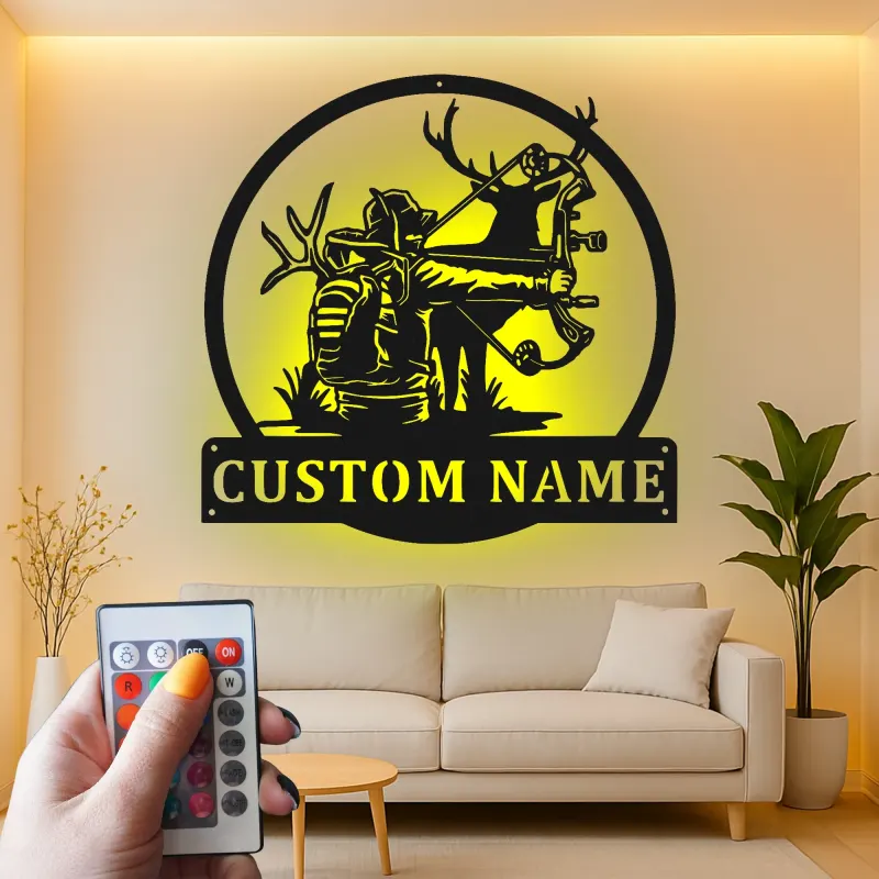 Cartel de metal personalizado con luz LED de cazador con arco, regalo personalizado para entusiastas de la arquería, decoración de man cave o cabaña
