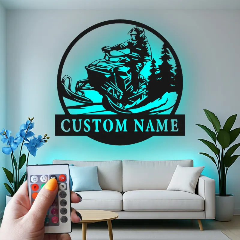 Personalized Snowmobile LED Metal Wall Art | Custom Name Sign for Rider | Winter Sports Decor & Outdoor Enthusiast Gift