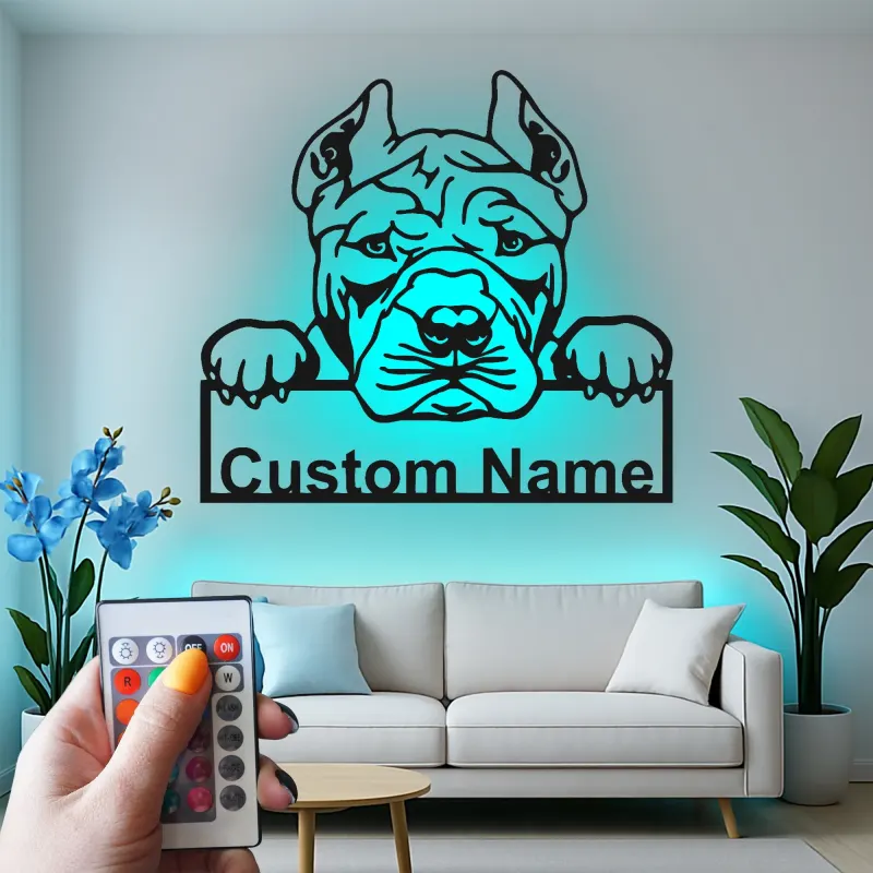 Panneau en métal LED personnalisé Pitbull | Art de silhouette de chien personnalisé | Cadeau pour amoureux des animaux | Décor moderne pour la maison