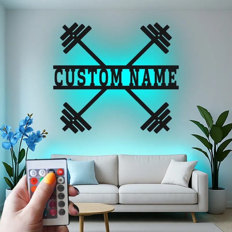 Insegna in metallo personalizzata con bilanciere e luce LED regalo per appassionati di fitness decorazione per home gym