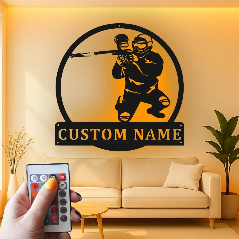 Insegna LED personalizzata per giocatore di paintball | Arte murale in metallo personalizzata | Decorazione per sala giochi e man cave | Luce d'azione retroilluminata