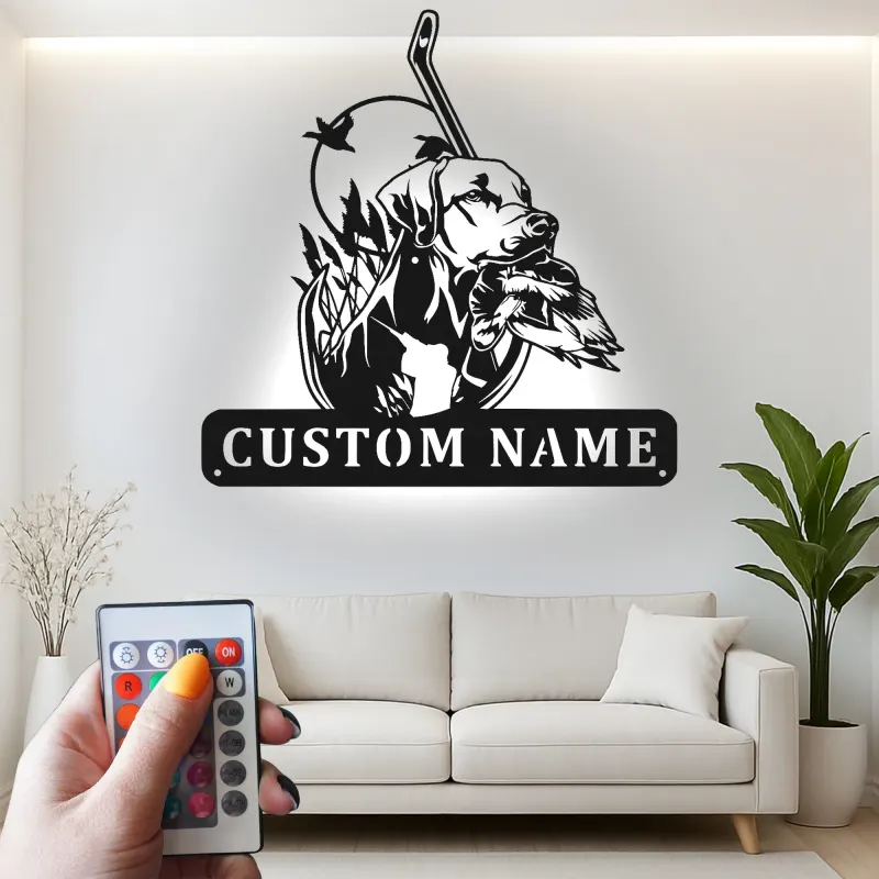 Insegna di Caccia Personalizzata Labrador | Arte da Parete in Metallo LED per Papà Cacciatore | Decorazione per Cani Anatra Personalizzata | Arte per Man Cave e Baita