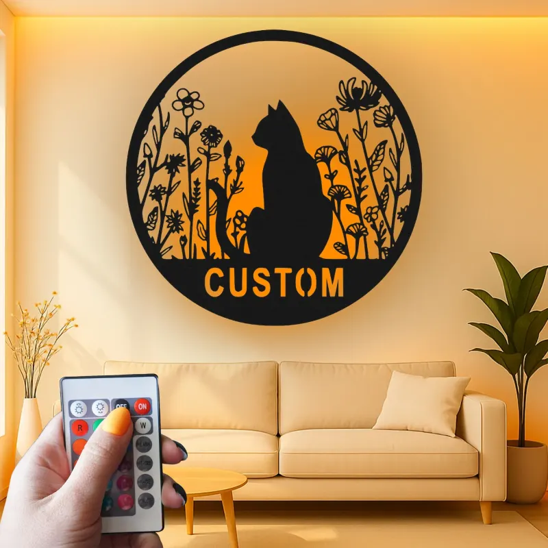 Insegna in metallo personalizzata con silhouette di gatto e luce LED regalo per amanti dei gatti decorazione per camera da letto o soggiorno 1