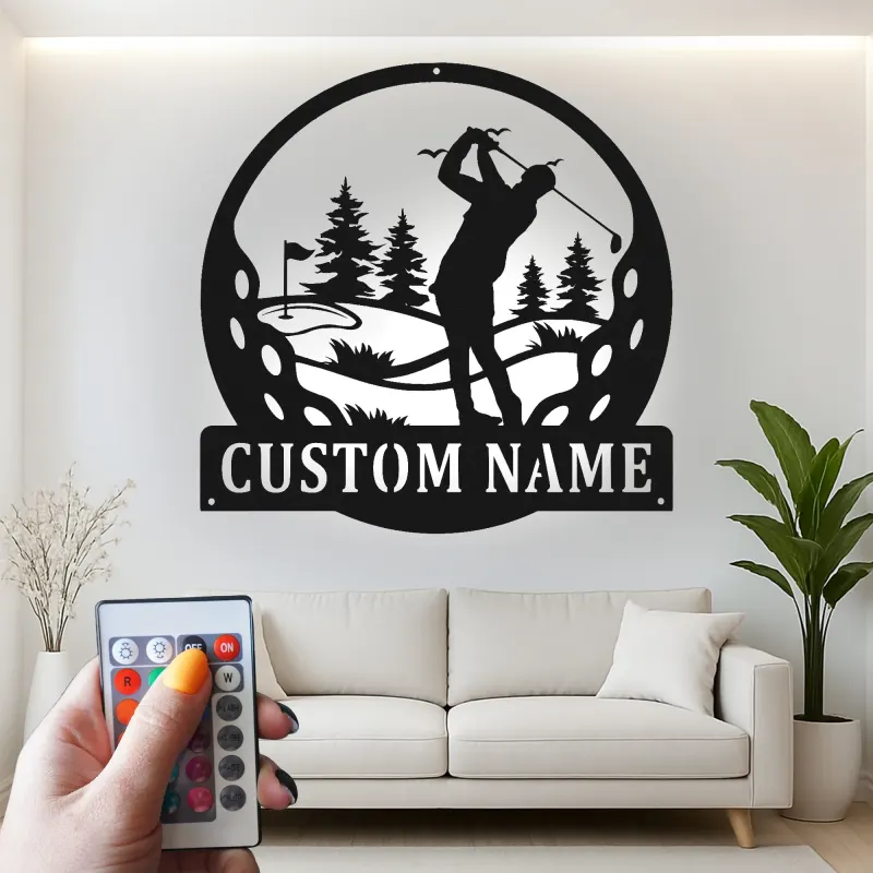 Decoración mural de metal LED de golf personalizada | Cartel con nombre de golfista para cueva masculina | Regalo decorativo retroiluminado para él