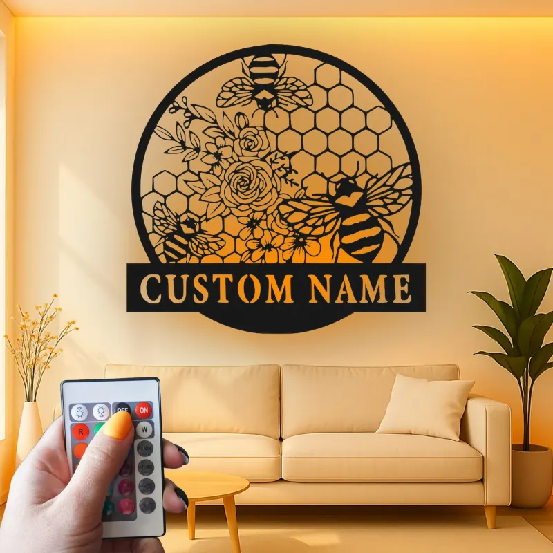 Personalisierte Bienen und Blumen LED Licht Metall-Wandkunst Geschenk für den Garten Natur-inspiriertes Wohnaccessoire
