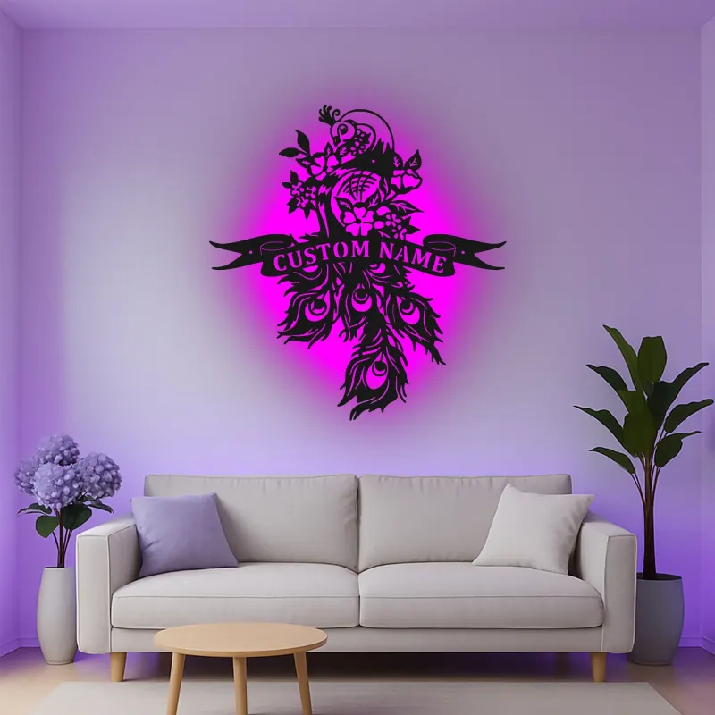Custom Peacock Led Light Metal Wall Art Personalized Gift for Couples Elegant Living Room Decor
