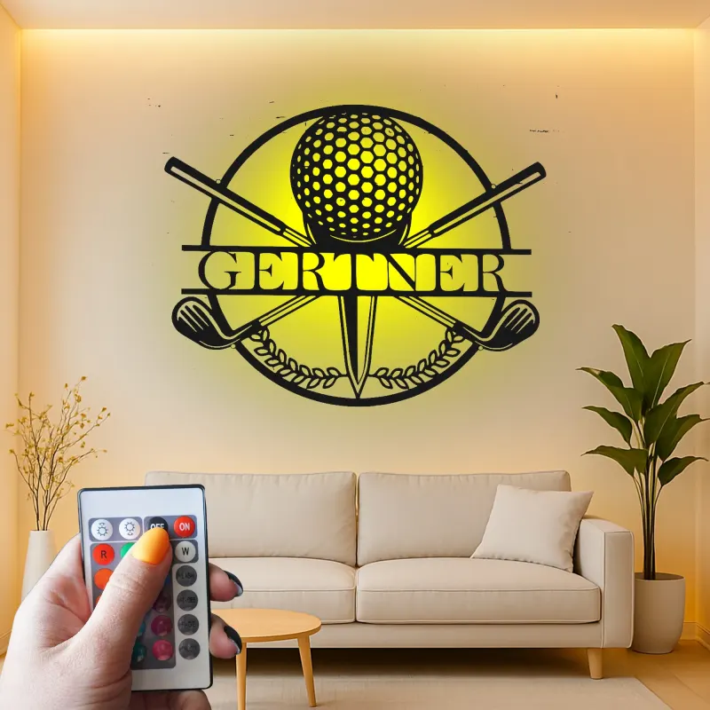 Panneau de golf personnalisé avec prénom | Décoration murale en métal LED | Cadeau sur mesure pour golfeur | Déco de bar sportif et bureau