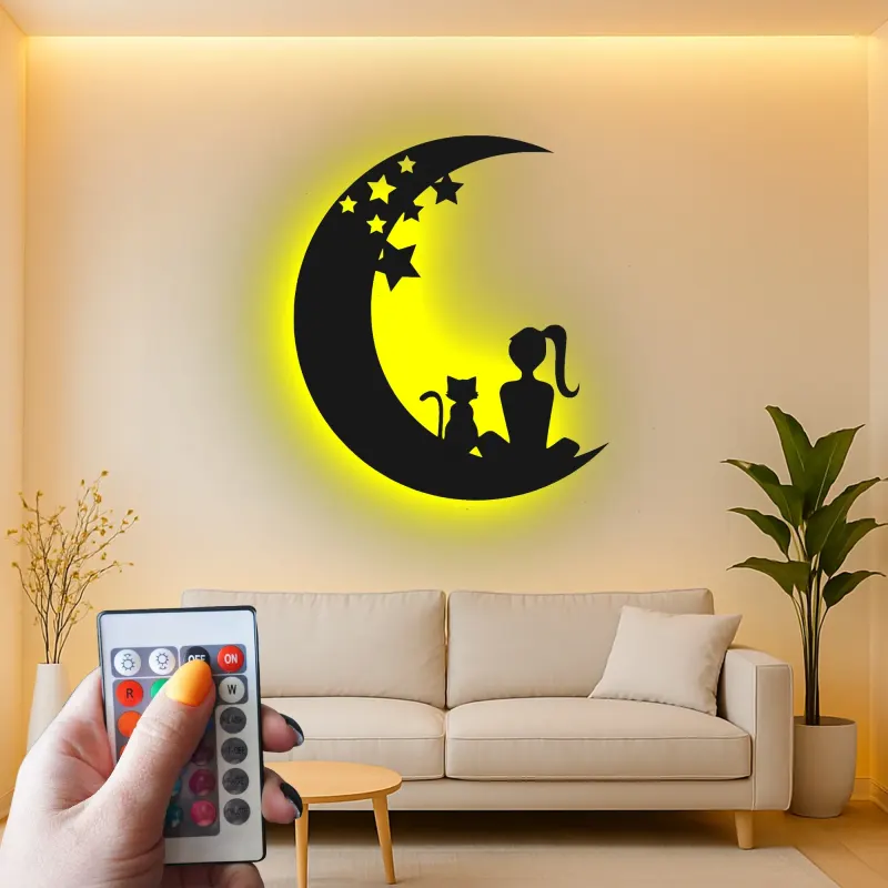 Art mural LED en métal Fille et chat | Panneau silhouette lune et étoiles | Déco rétroéclairée pour chambre bébé et chambre | Cadeau personnalisé pour amoureuse des chats