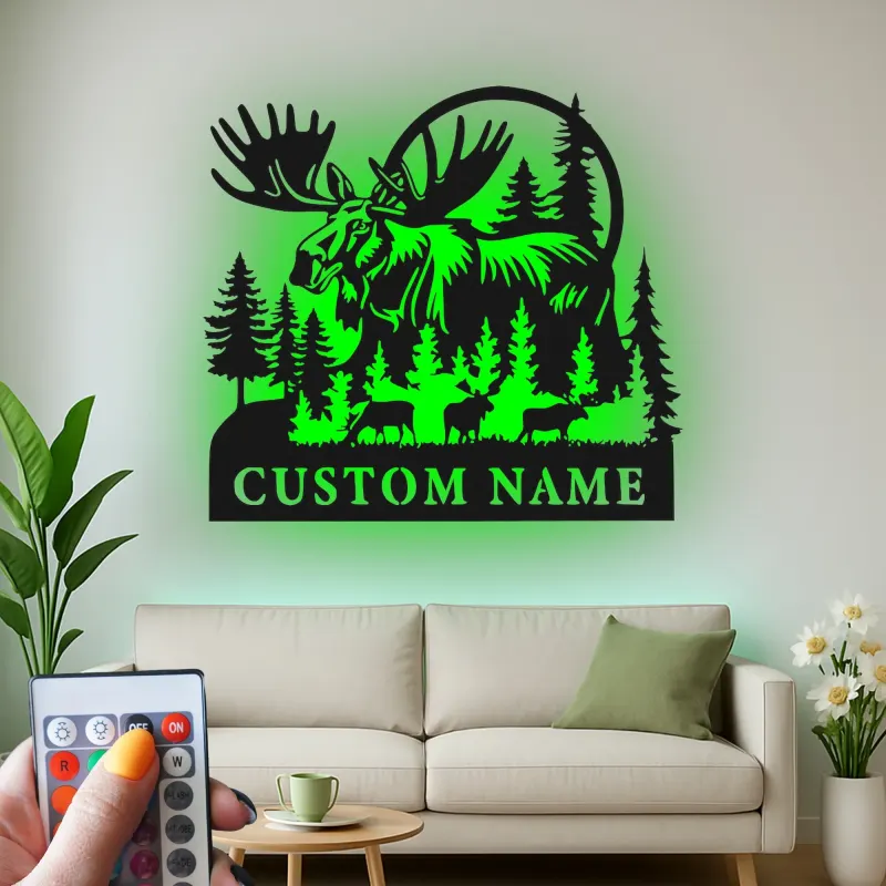 Custom Moose Family Metal Sign | LED Wall Art for Cabin & Lodge Decor | Personalized Rustic Wildlife Nature Lover Gift