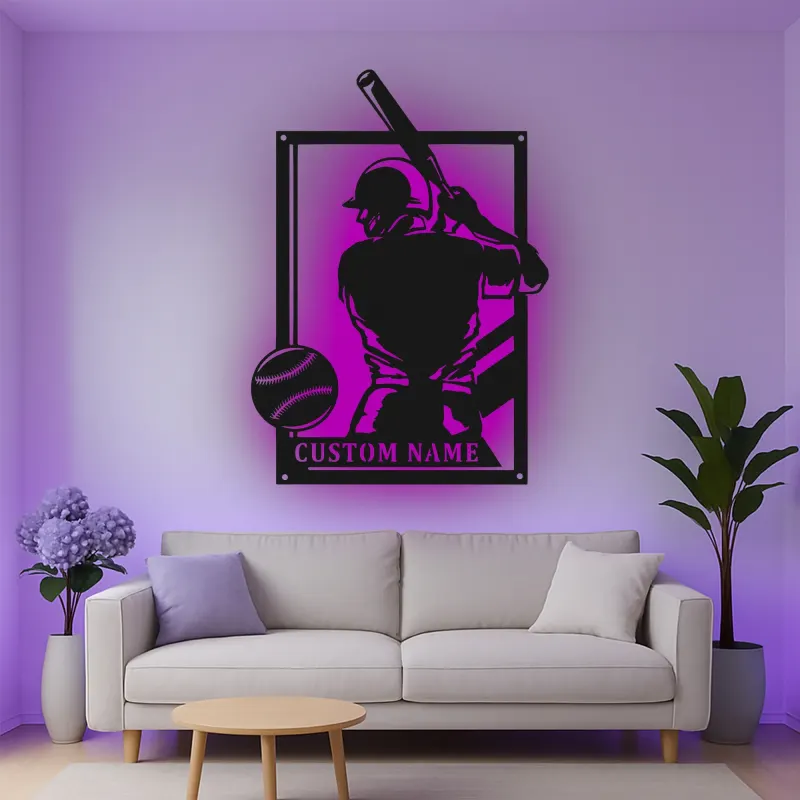 Custom Baseball Player Led Light Metal Wall Art Personalized Sports Gift for Athletes Game Room Decor 1