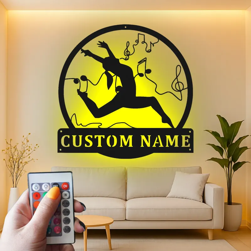 Personalisierte LED-Metall-Wandkunst mit Tänzer und Noten – Geschenk für Tanzliebhaber, Studio- oder Schlafzimmerdeko