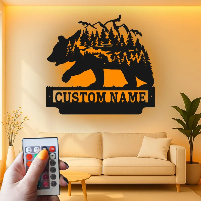 Décoration murale en métal personnalisée avec éclairage LED Forêt d'Ours Cadeau pour Amateurs de Nature Décor de Cabane 1