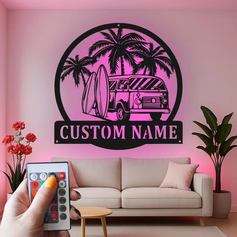 Custom Surf Van Led Light Metal Wall Art Personalized Beach Lover Gift Coastal Decor for Surf Enthusiasts