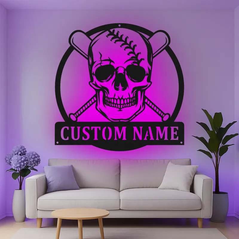 Cartel de metal personalizado de calavera de béisbol con luz LED, regalo único para aficionados al béisbol, decoración para sala de juegos
