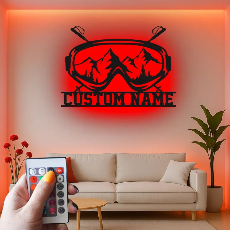 Personalisierte Ski-Goggle Metallkunst | Individuelles LED Bergschild | Winter-Sport Hütten-Dekoration | Geschenk für Skifahrer & Snowboarder