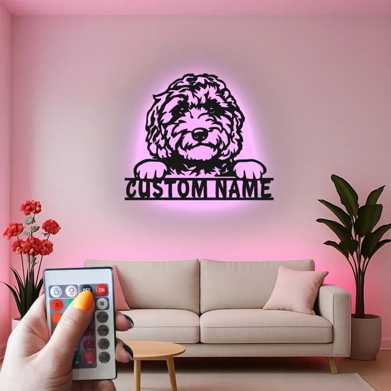 Personalisierte Labradoodle LED-Licht Metall-Wandkunst für Hundeliebhaber