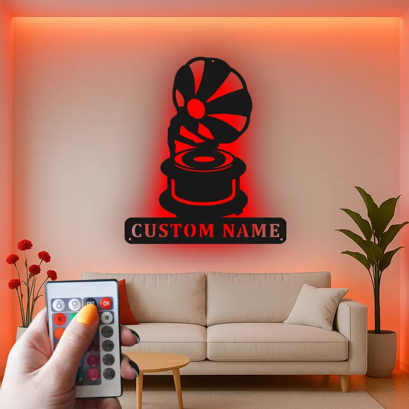 Personalisierte Vintage Phonograph LED Licht Metall-Wandkunst Geschenk für Musikliebhaber, Retro-Wohnzimmer-Dekor