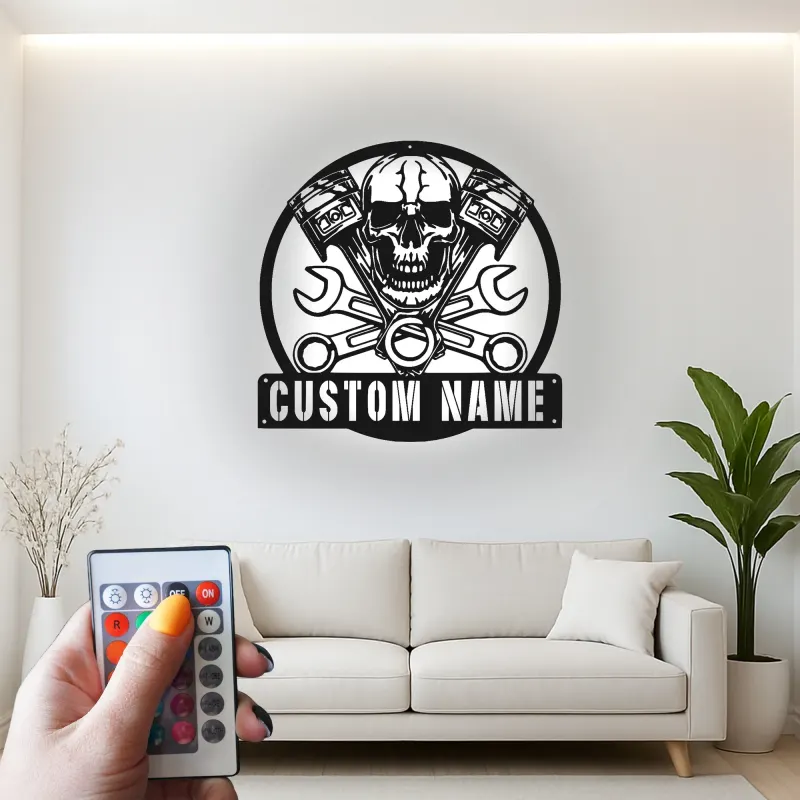 Insegna LED con Teschio per Meccanico | Arte Murale in Metallo Personalizzata per Garage | Decorazione per Biker e Man Cave con Luci RGB