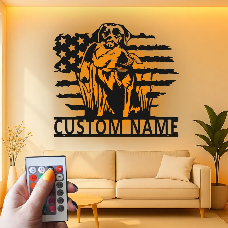 Panneau en métal personnalisé Labrador Hunting Dog | Décoration murale LED | Cadeau pour chasseur avec drapeau américain | Décor de cave et de chalet