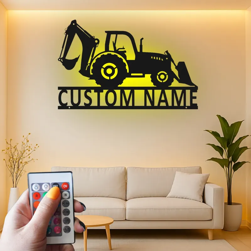 Custom Backhoe Tractor Led Light Metal Wall Art Personalized Gift for Construction Enthusiast Garage or Office Decor