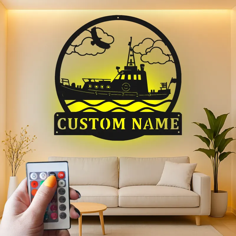 Décoration murale en métal personnalisée Remorqueur avec rétroéclairage LED Cadeau nautique pour les amoureux de bateaux Décor maritime personnalisé pour la maison