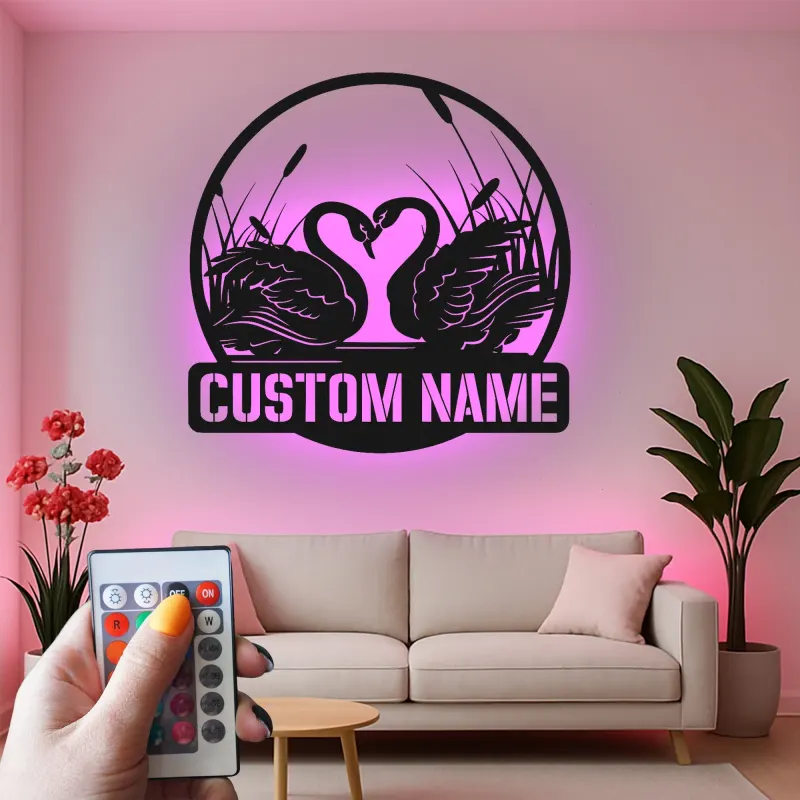 Personalized Swan LED Sign | Romantic Metal Wall Art with Custom Name | Elegant Bedroom Decor | Unique Wedding Gift for Couple