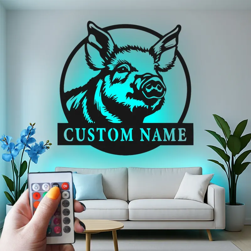 Cartel de metal personalizado de cerdo | Decoración de cocina de granja con LED | Arte mural rústico personalizado para regalo de granja o hogar