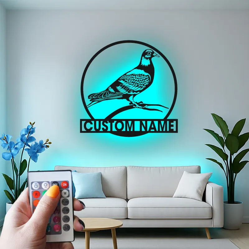Custom Pigeon LED Sign | Metal Bird Wall Art | Personalized Garden & Patio Decor | Gift for Bird Lovers