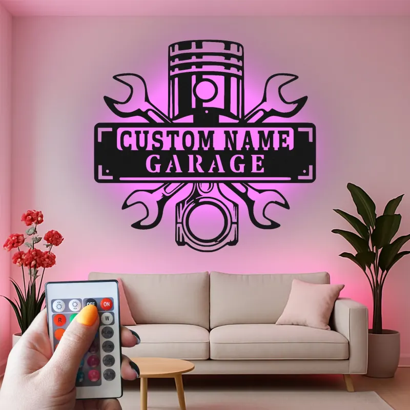 Insegna LED personalizzata per garage | Arte murale in metallo personalizzata | Decorazione officina meccanica e regalo per papà