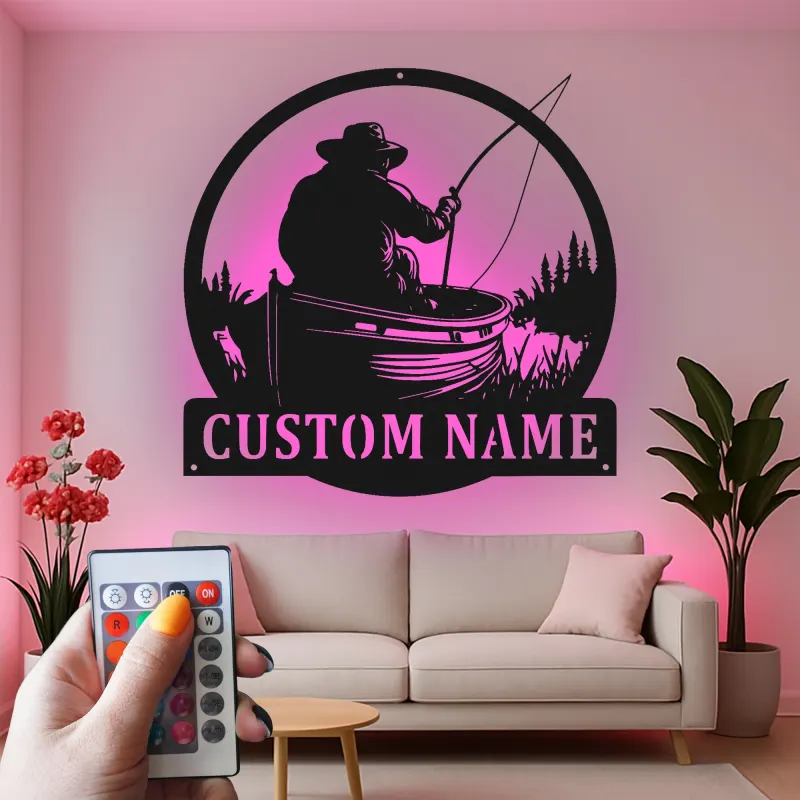 Insegna in metallo personalizzata per pescatore | Arte murale luminosa LED | Arredo pesca con nome su misura per casa al lago e pescatori