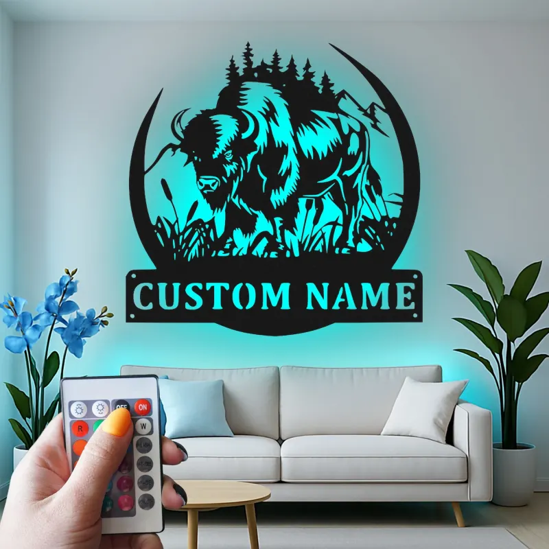Décoration murale en métal LED personnalisée Bison Cadeau faunique pour les amoureux de la nature Décor de chalet ou de lodge