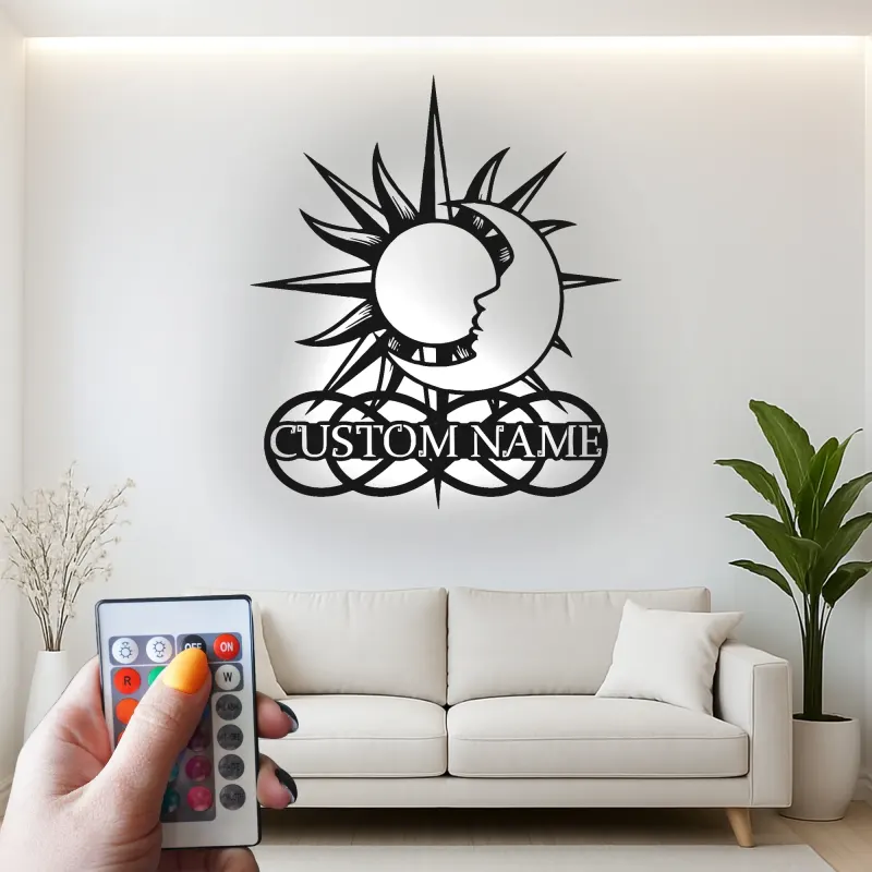Cartel de metal personalizado con luz LED de sol y luna regalo celestial personalizado decoración de dormitorio o salón