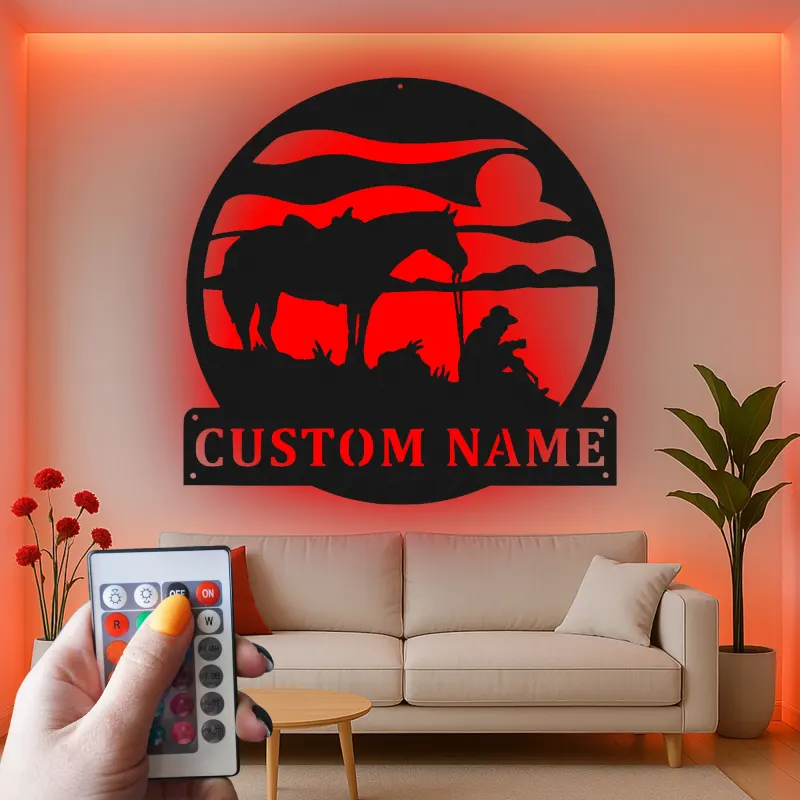Insegna in metallo LED personalizzata con cowboy e cavallo - Regalo western per lui, decorazione rustica per ranch 2