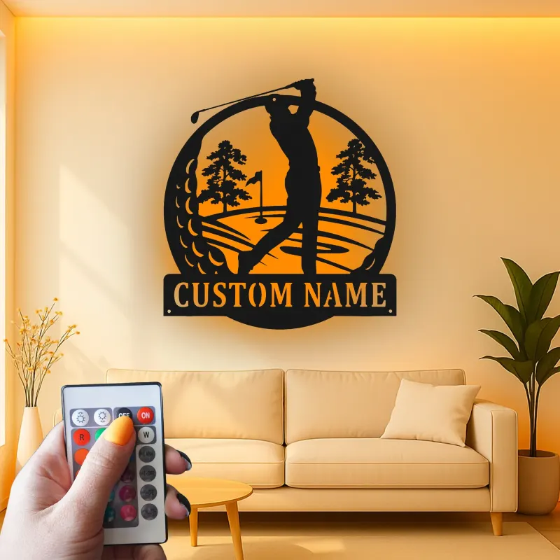 Insegna personalizzata con nome da golf | Decorazione murale LED in metallo per ufficio e man cave | Regalo personalizzato per golfista | Arredo per interni ed esterni