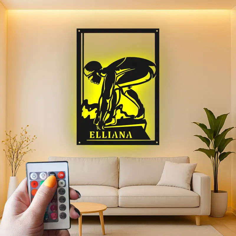 Panneau en métal pour nageur compétitif personnalisé | Décoration murale rétroéclairée | Décor d'athlète personnalisé | Cadeau pour entraîneur de natation