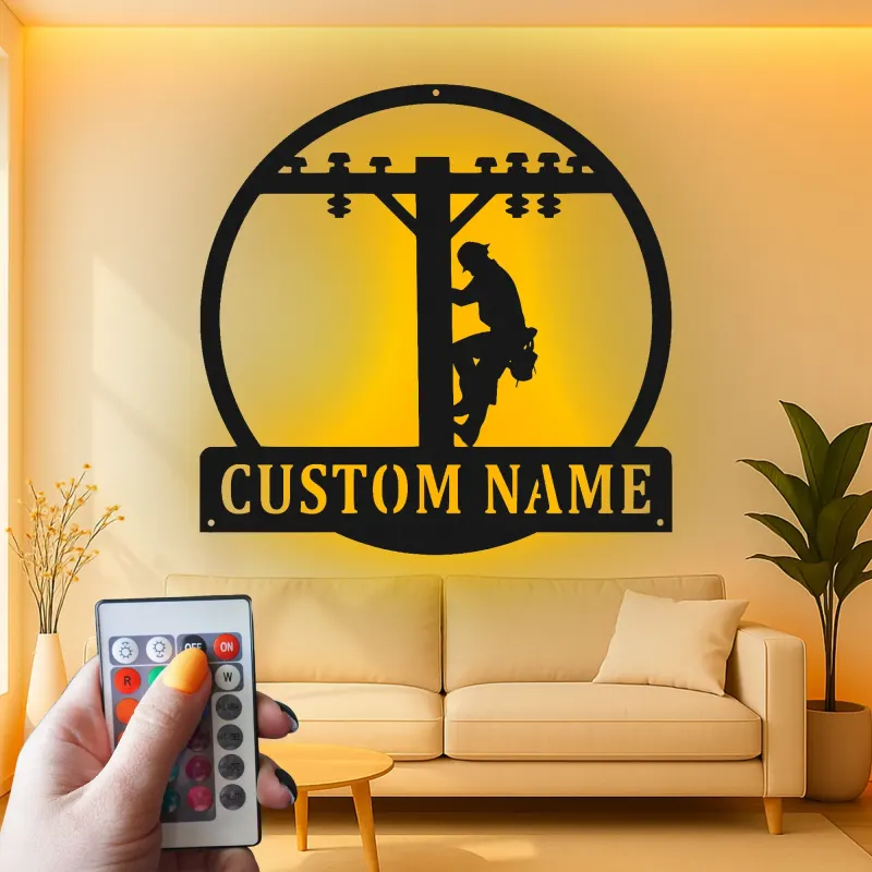 Enseigne en métal personnalisée pour lineman | Décoration murale LED pour électricien | Déco de poteau électrique pour garage ou bureau