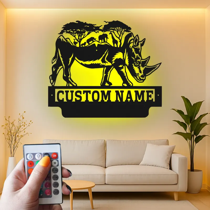 Custom Rhino Safari Metal Sign | LED Backlit Wildlife Wall Art | Personalized Animal Decor | Premium Laser Cut Gift