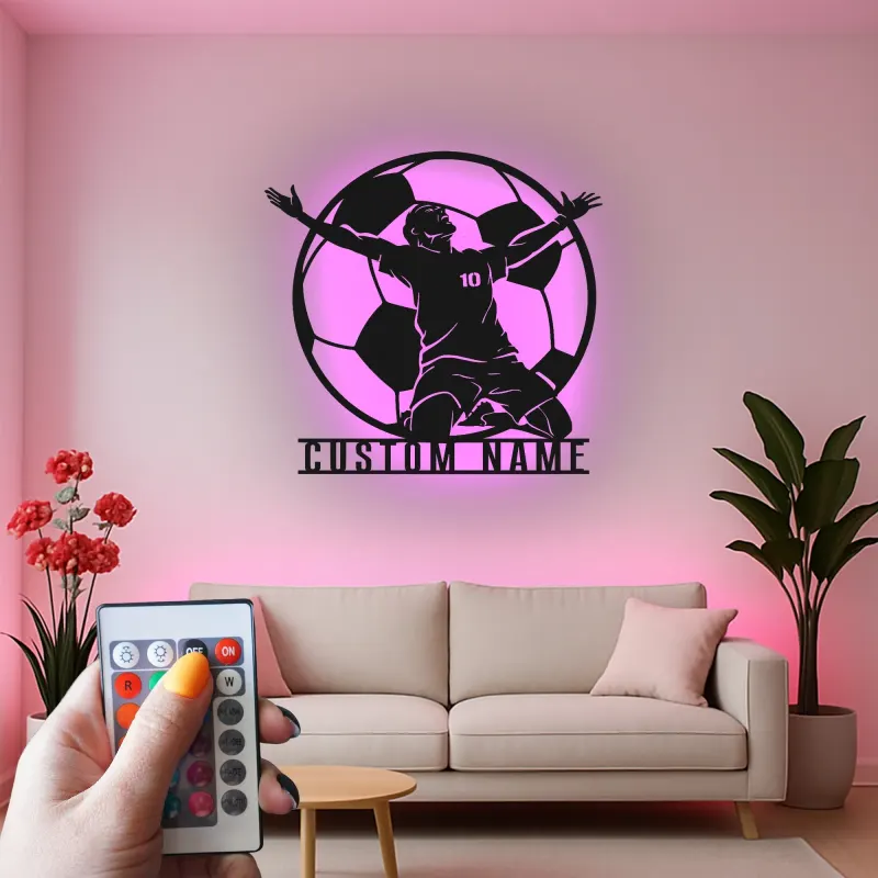 Panneau LED Personnalisé Joueur de Football | Décoration Murale en Métal Personnalisée | Décor de Salle de Jeux pour Athlète | Cadeau Fan de Football