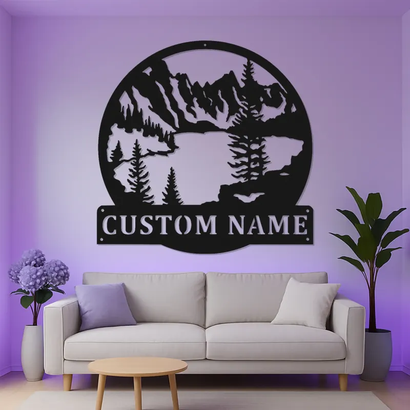 Custom Mountain Metal Art with LED | Personalized Lake House Sign | Rustic Cabin Decor with Backlight