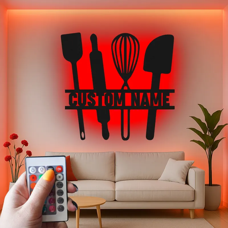 Custom Baking Utensils LED Metal Sign | Personalized Kitchen Decor | Baker Gift & Chef Wall Art