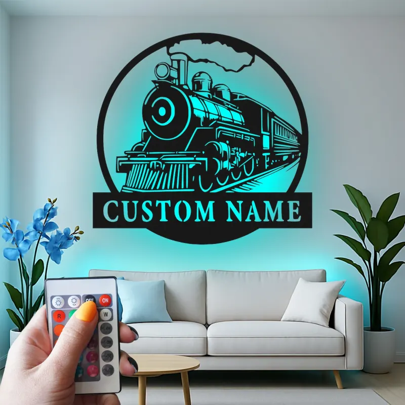 Décoration murale en métal personnalisée de train à vapeur avec rétroéclairage LED - Cadeau pour passionnés de trains, décoration pour man cave ou bureau