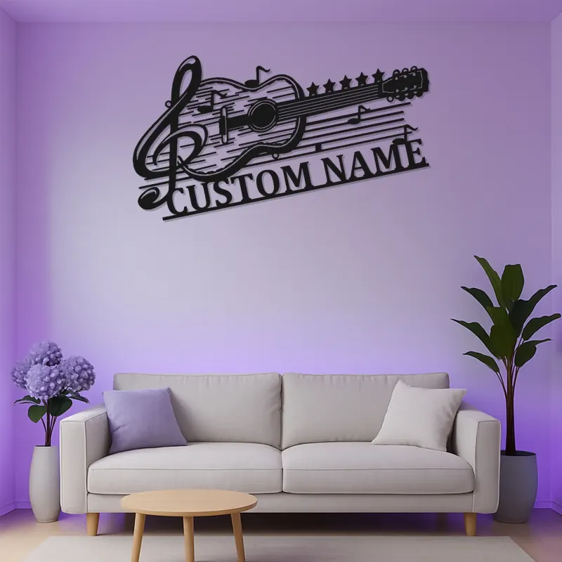 Personalized Guitar Metal Sign with LED | Custom Music Notes Wall Art | Musician Name Plate for Studio Decor