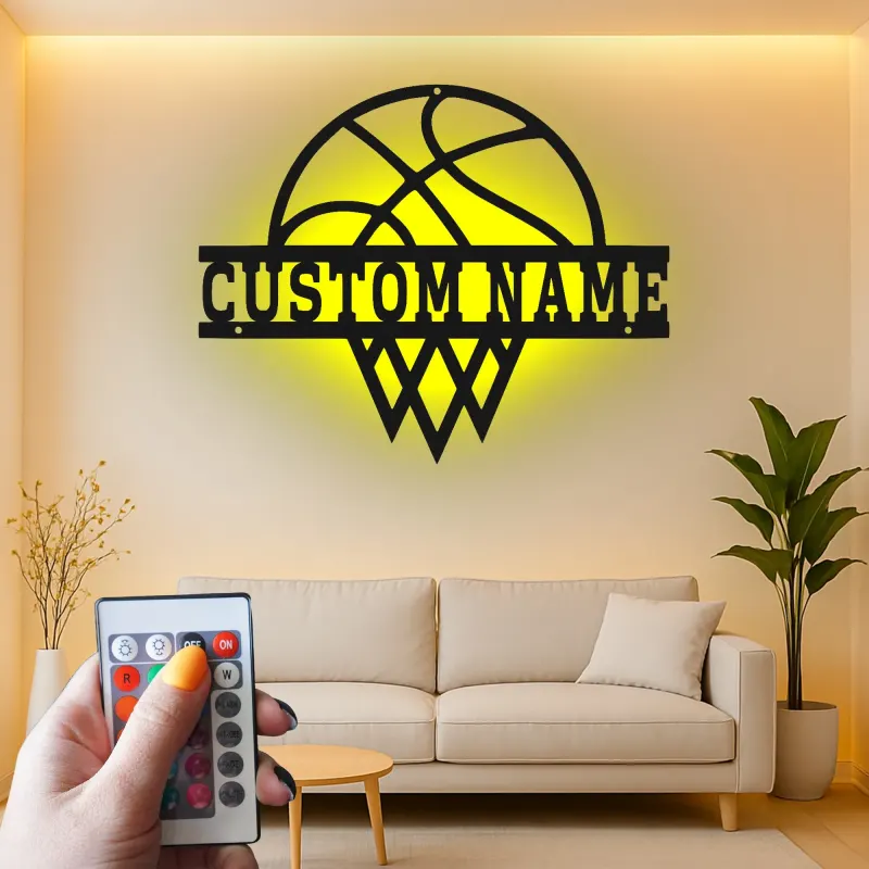 Cartel de metal personalizado de aro de baloncesto con luz LED, regalo deportivo personalizado para atletas, decoración para sala de juegos 1