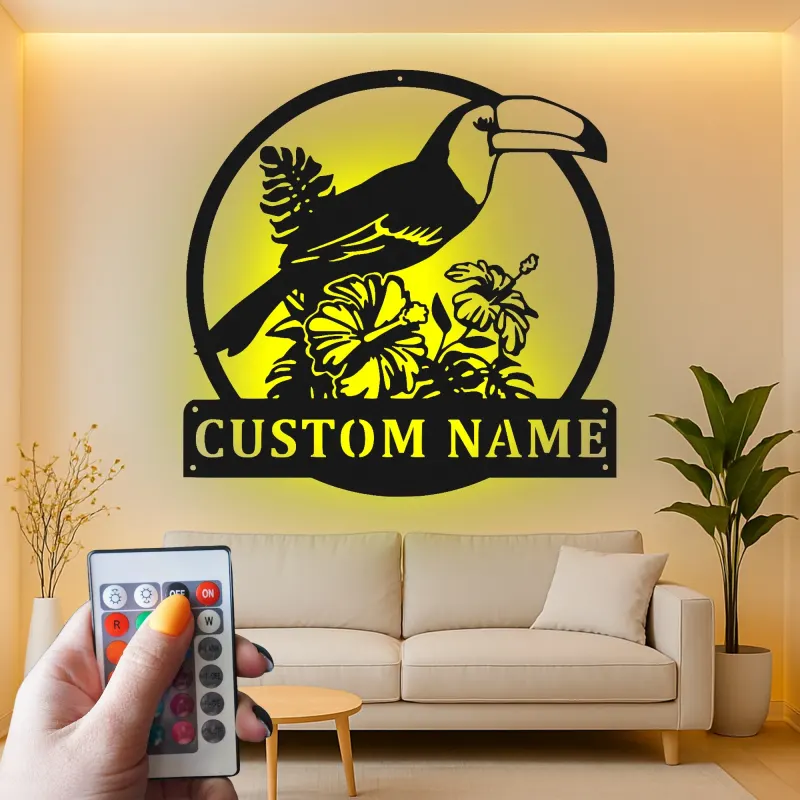 Custom Toucan Metal Sign | Personalized LED Wall Art with Hibiscus | Tropical Patio & Nursery Decor | Exotic Bird Lover Gift