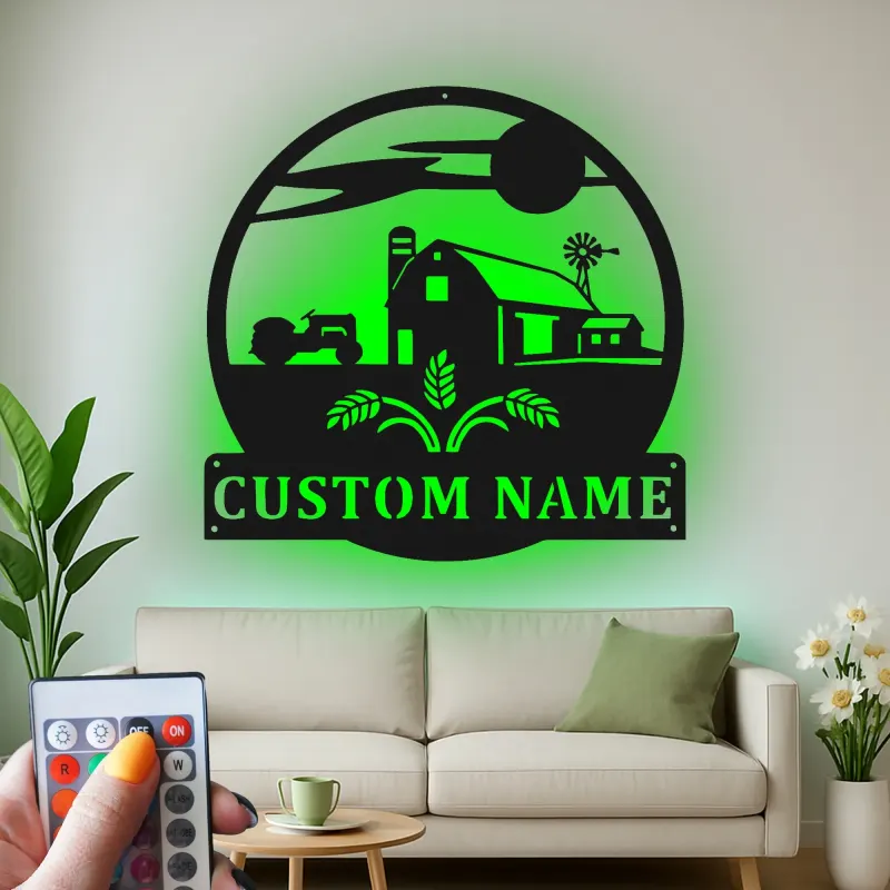Personalized Farmhouse Sign with LED | Custom Metal Tractor Art | Rustic Ranch Name Decor | Gift for Farmer