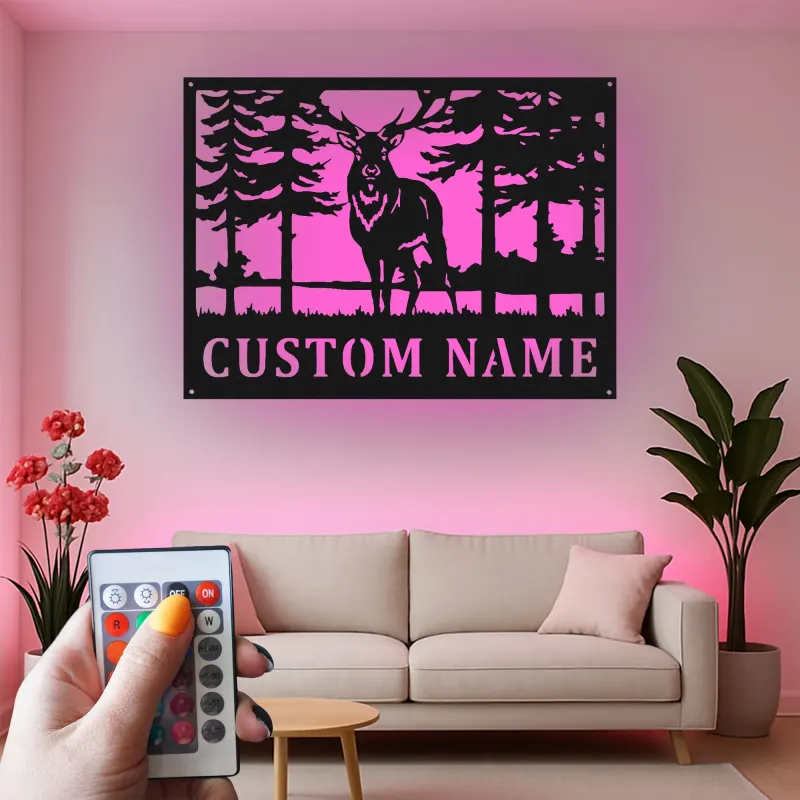 Décoration murale en métal personnalisée avec éclairage LED de forêt de cerfs - Cadeau pour les amoureux de la nature, décoration de chalet ou de pavillon 2