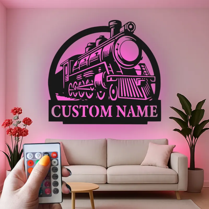Insegna in metallo personalizzata con luce LED di locomotiva a vapore per appassionati di treni, regalo per man cave o decorazione per ufficio