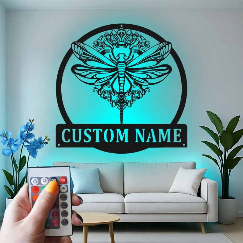 Cartel de metal personalizado con luz LED de libélula, regalo para amantes de la naturaleza, decoración para dormitorio o salón 1
